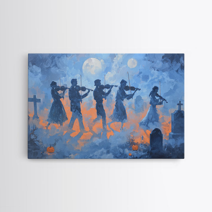 The Ghostly Violin Procession - Surreal Celestial Vision, Macabre Halloween Art, Landscape Wall Art, Framed Canvas Print, Gothic Wall Art