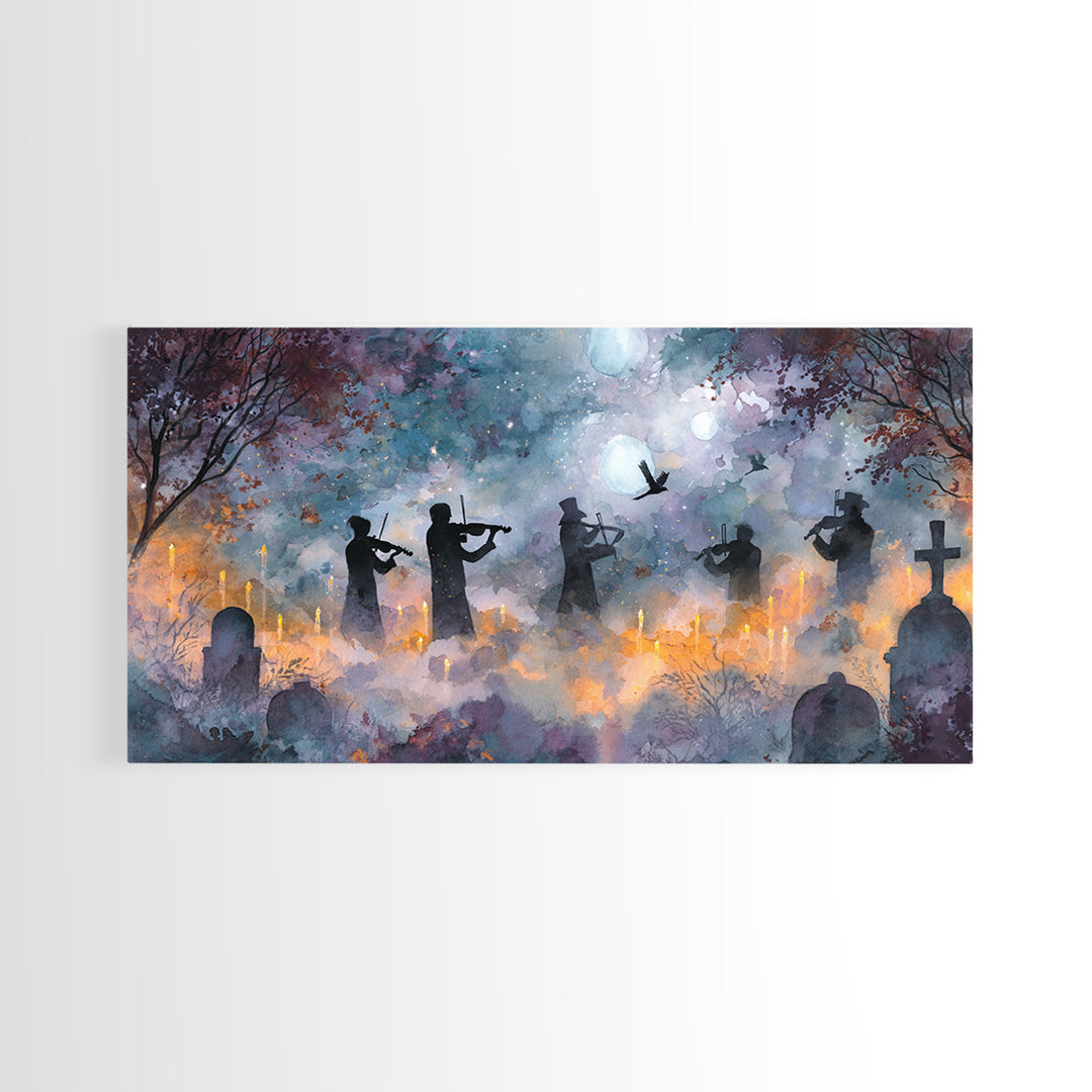 The Ghostly Violin Procession - Surreal Celestial Vision, Gothic Home Decor, Wide Panoramic Art, Canvas Print, Halloween Home Decor