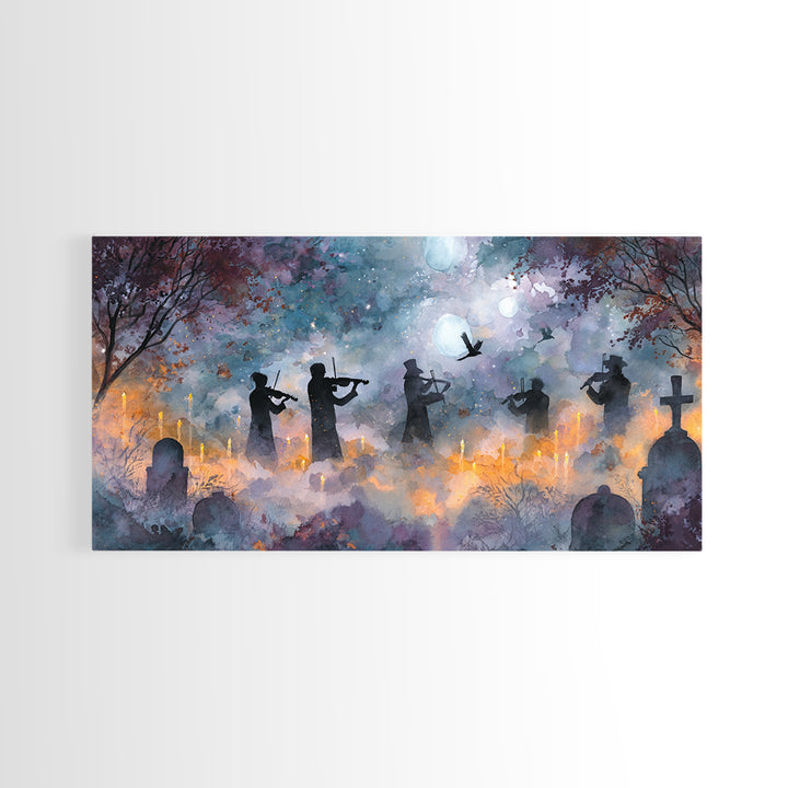 The Ghostly Violin Procession - Surreal Celestial Vision, Gothic Home Decor, Wide Panoramic Art, Canvas Print, Halloween Home Decor