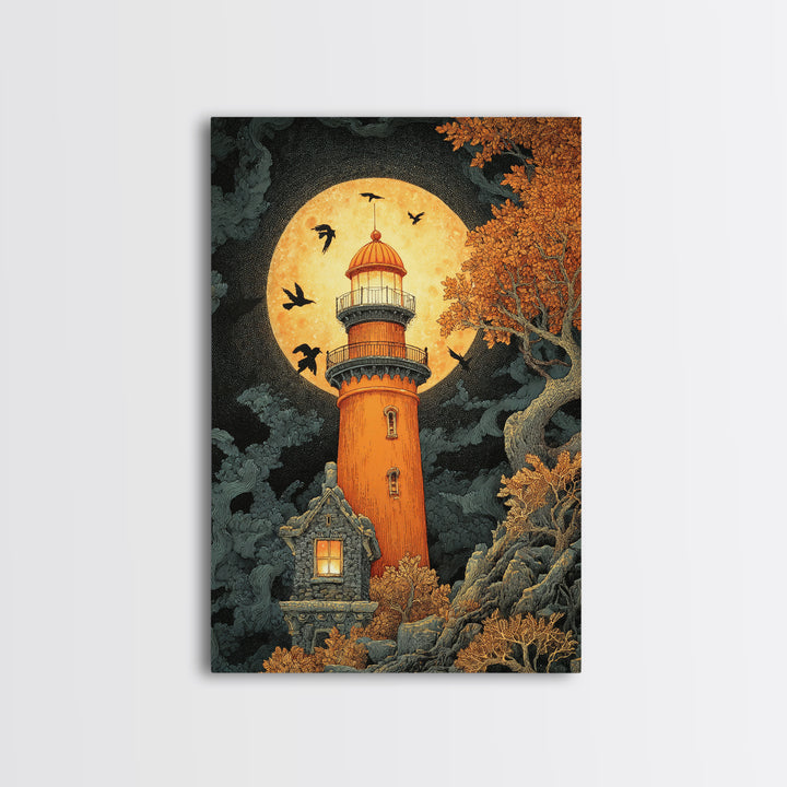 The Pumpkin Moon Lighthouse - Icon Portrait, Gothic Home Decor, Vertical Wall Art, Canvas Print, Halloween Home Decor, Gothic Wall Art