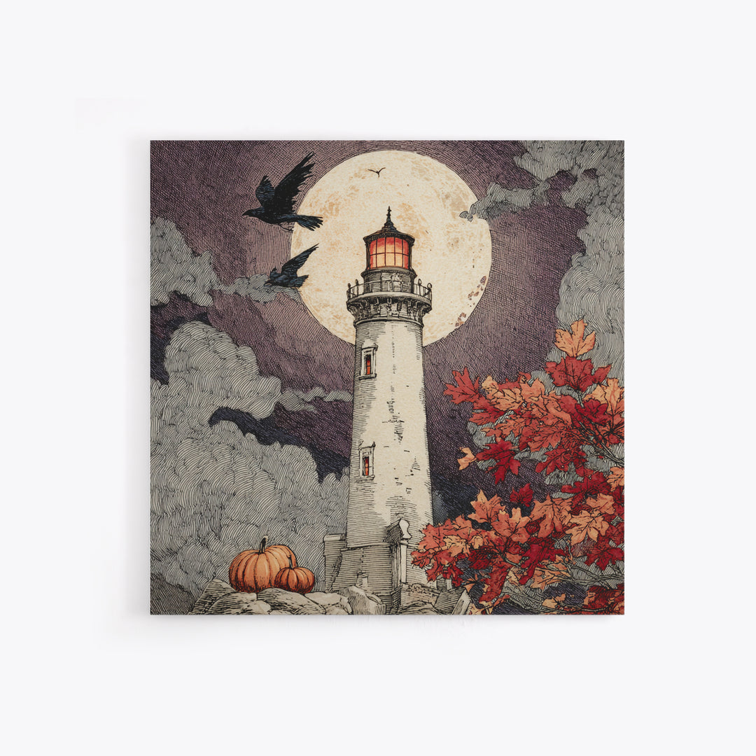 The Pumpkin Moon Lighthouse - Icon Portrait, Occult Wall Decor, Square Wall Art, Canvas Print, Halloween Home Decor, Gothic Wall Art