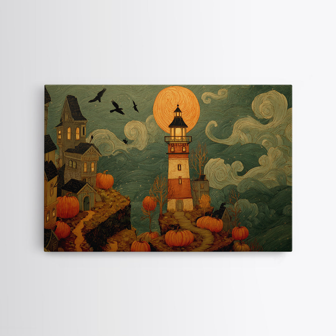 The Pumpkin Moon Lighthouse - Environmental Panorama, Dark Fantasy Wall Art, Landscape Wall Art, Canvas Print, Halloween Home Decor