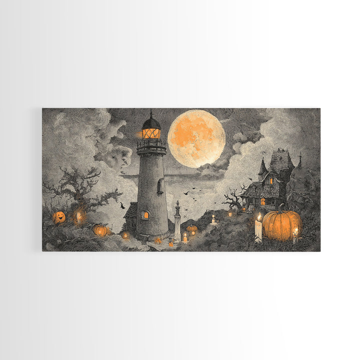 The Pumpkin Moon Lighthouse - Environmental Panorama, Dark Fantasy Wall Art, Wide Panoramic Art, Canvas Print, Halloween Home Decor