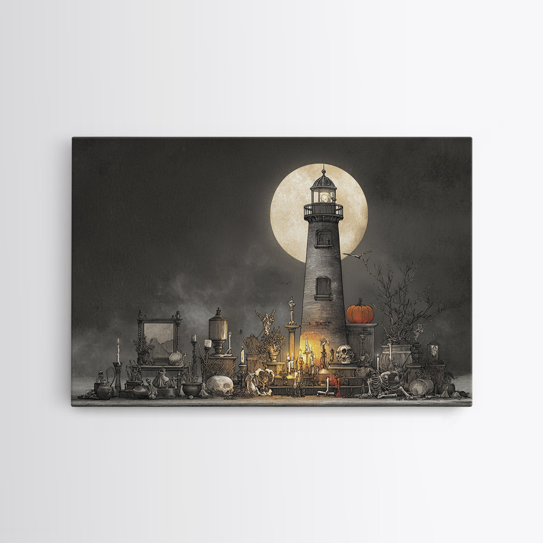 The Pumpkin Moon Lighthouse - Occult Still Life, Occult Wall Decor, Landscape Wall Art, Canvas Print, Halloween Home Decor, Gothic Wall Art