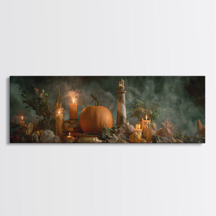The Pumpkin Moon Lighthouse - Occult Still Life, Occult Wall Decor, Extra Wide Wall Art, Canvas Print, Halloween Home Decor, Gothic Wall Art