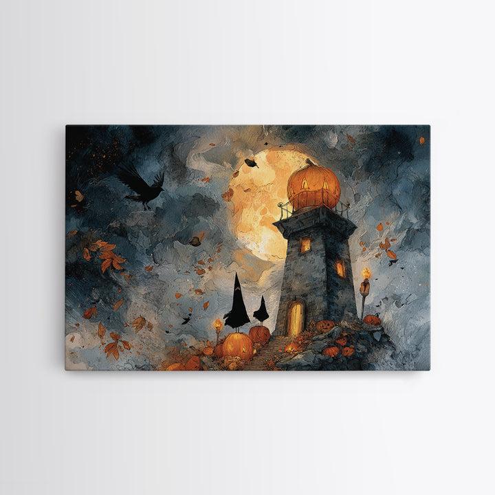 The Pumpkin Moon Lighthouse - Procession Scene, Dark Fantasy Wall Art, Landscape Wall Art, Canvas Print, Halloween Home Decor