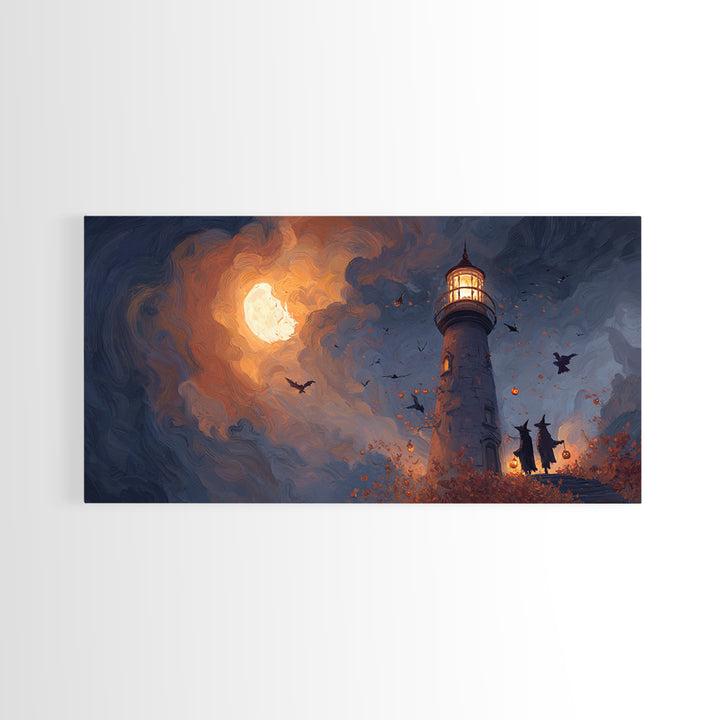 The Pumpkin Moon Lighthouse - Procession Scene, Occult Wall Decor, Wide Panoramic Art, Canvas Print, Halloween Home Decor, Gothic Wall Art