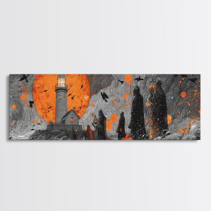 The Pumpkin Moon Lighthouse - Procession Scene, Spooky Wall Decor, Extra Wide Wall Art, Framed Canvas Print, Halloween Home Decor