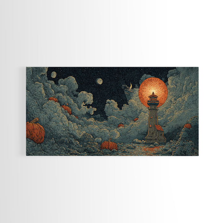 The Pumpkin Moon Lighthouse - Surreal Celestial Vision, Dark Fantasy Wall Art, Wide Panoramic Art, Canvas Print, Halloween Home Decor