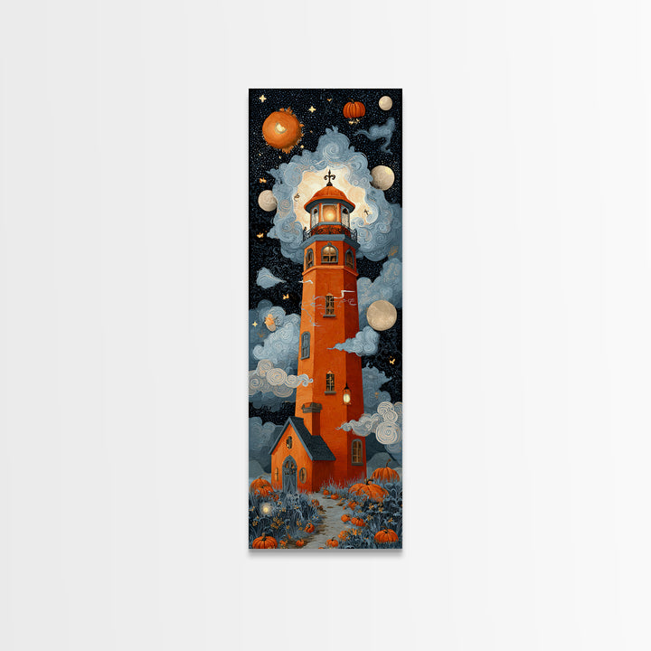 The Pumpkin Moon Lighthouse - Surreal Celestial Vision, Spooky Wall Decor, Tall Narrow Wall Art, Framed Canvas Print, Halloween Home Decor