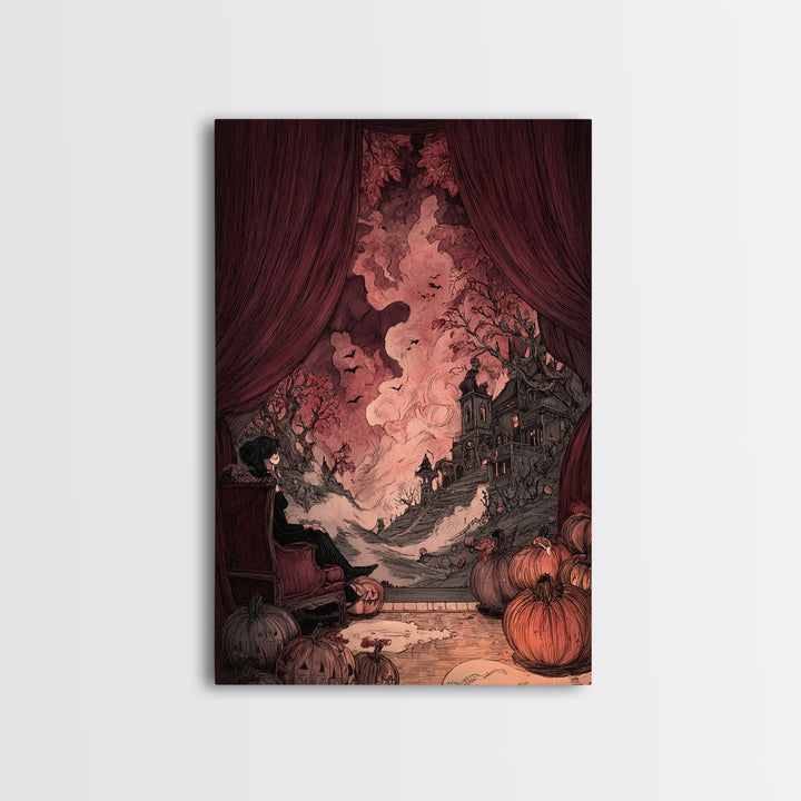 The Velvet Vampire Conservatory - Environmental Panorama, Macabre Halloween Art, Vertical Wall Art, Framed Canvas Print, Gothic Wall Art