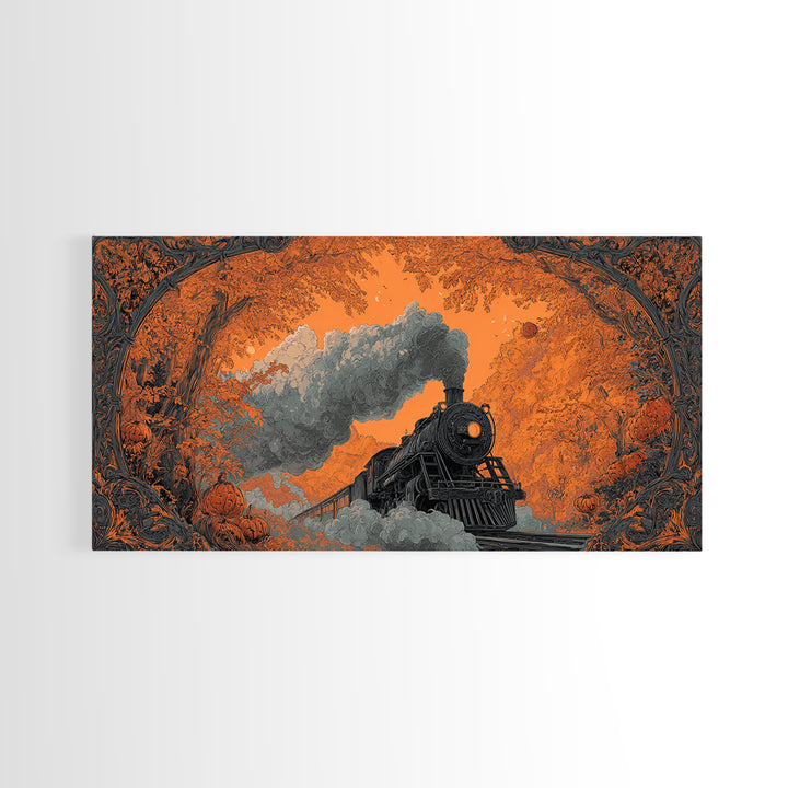 The Phantom Train Of October - Icon Portrait, Spooky Wall Decor, Wide Panoramic Art, Framed Canvas Print, Halloween Home Decor