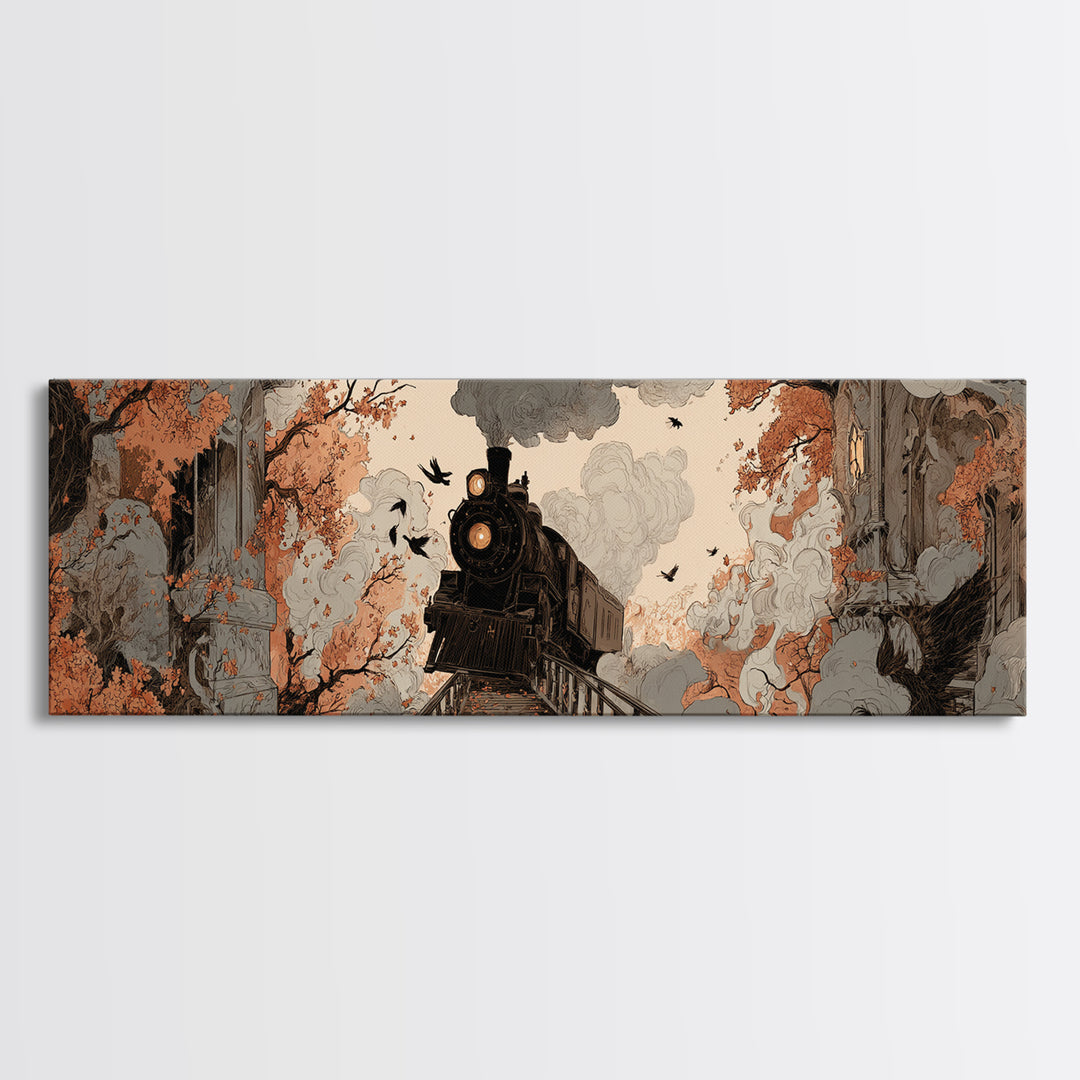 The Phantom Train Of October - Icon Portrait, Macabre Halloween Art, Extra Wide Wall Art, Framed Canvas Print, Halloween Home Decor