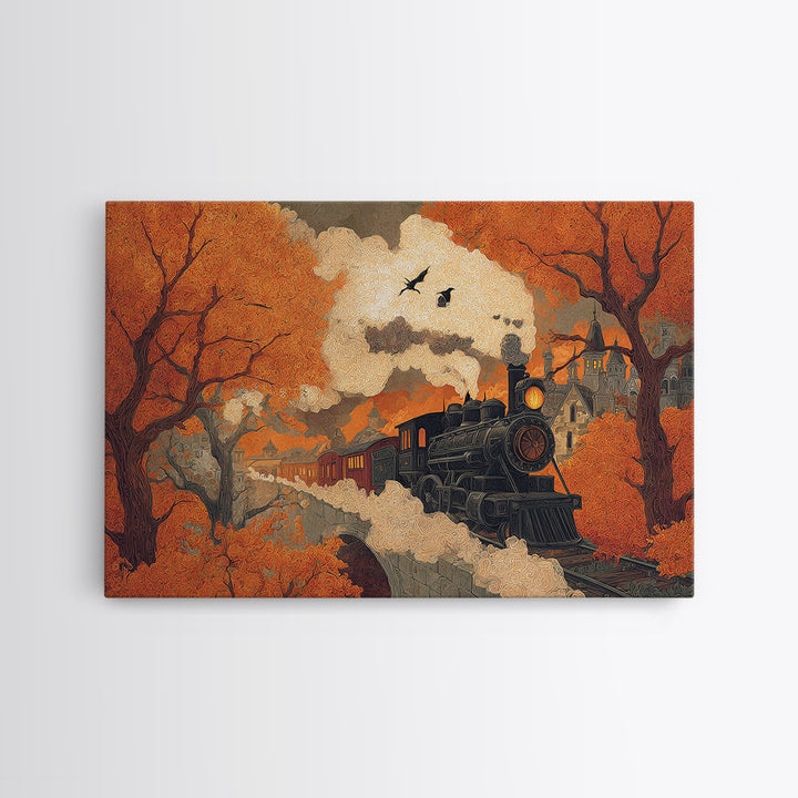 The Phantom Train Of October - Environmental Panorama, Halloween Wall Art, Landscape Wall Art, Framed Canvas Print, Halloween Home Decor