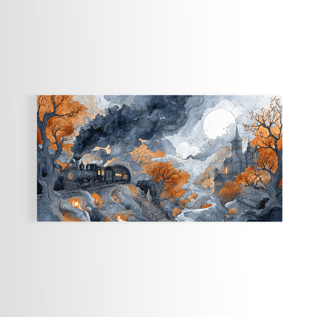 The Phantom Train Of October - Environmental Panorama, Dark Fantasy Wall Art, Wide Panoramic Art, Canvas Print, Halloween Home Decor