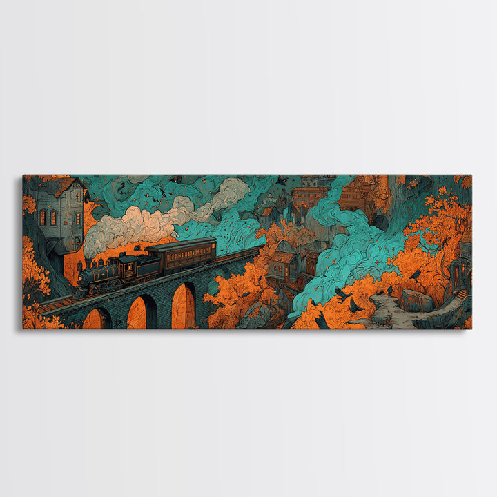 The Phantom Train Of October - Environmental Panorama, Spooky Wall Decor, Extra Wide Wall Art, Framed Canvas Print, Halloween Home Decor