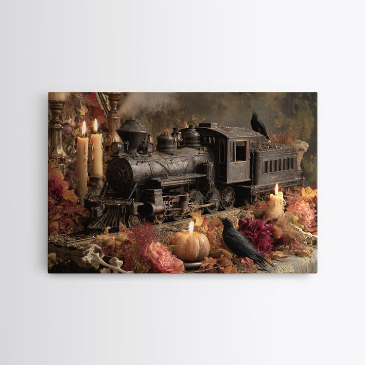 The Phantom Train Of October - Occult Still Life, Macabre Halloween Art, Landscape Wall Art, Framed Canvas Print, Halloween Home Decor