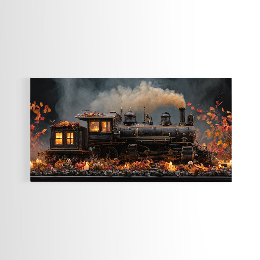 The Phantom Train Of October - Occult Still Life, Macabre Halloween Art, Wide Panoramic Art, Framed Canvas Print, Halloween Home Decor