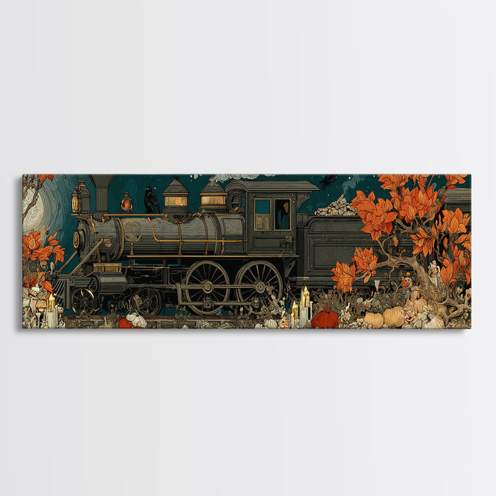 The Phantom Train Of October - Occult Still Life, Macabre Halloween Art, Extra Wide Wall Art, Framed Canvas Print, Halloween Home Decor