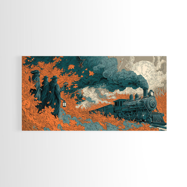 The Phantom Train Of October - Procession Scene, Halloween Wall Art, Wide Panoramic Art, Framed Canvas Print, Halloween Home Decor