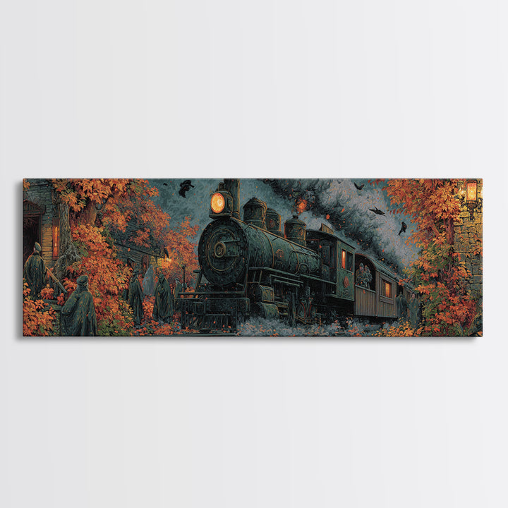 The Phantom Train Of October - Procession Scene, Spooky Wall Decor, Extra Wide Wall Art, Framed Canvas Print, Halloween Home Decor