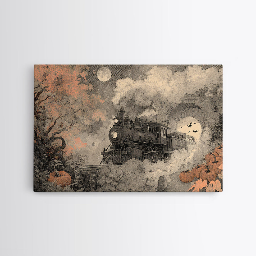 The Phantom Train Of October - Surreal Celestial Vision, Occult Wall Decor, Landscape Wall Art, Canvas Print, Halloween Home Decor