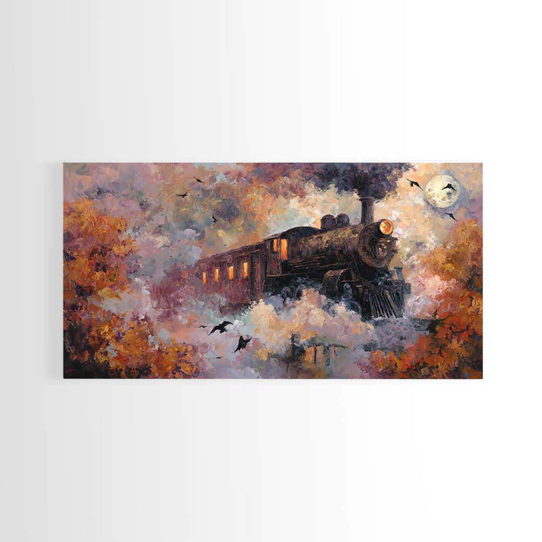 The Phantom Train Of October - Surreal Celestial Vision, Spooky Wall Decor, Wide Panoramic Art, Framed Canvas Print, Halloween Home Decor