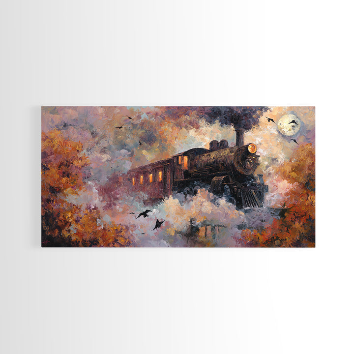 The Phantom Train Of October - Surreal Celestial Vision, Spooky Wall Decor, Wide Panoramic Art, Framed Canvas Print, Halloween Home Decor