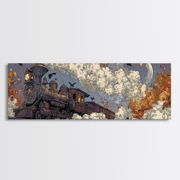 The Phantom Train Of October - Surreal Celestial Vision, Spooky Wall Decor, Extra Wide Wall Art, Framed Canvas Print, Halloween Home Decor