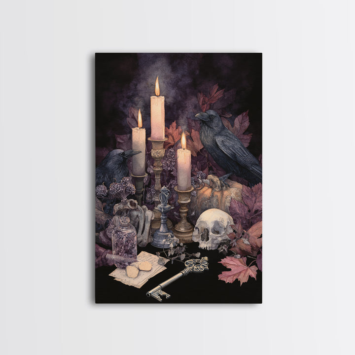 The Bone Key Still Life - Occult Still Life, Spooky Wall Decor, Vertical Wall Art, Framed Canvas Print, Halloween Home Decor