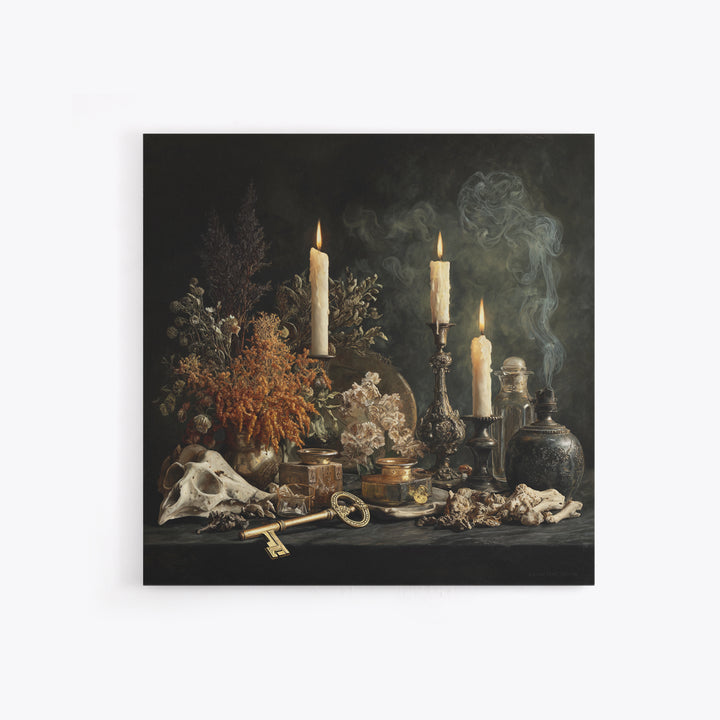 The Bone Key Still Life - Occult Still Life, Gothic Home Decor, Square Wall Art, Canvas Print, Halloween Home Decor, Gothic Wall Art