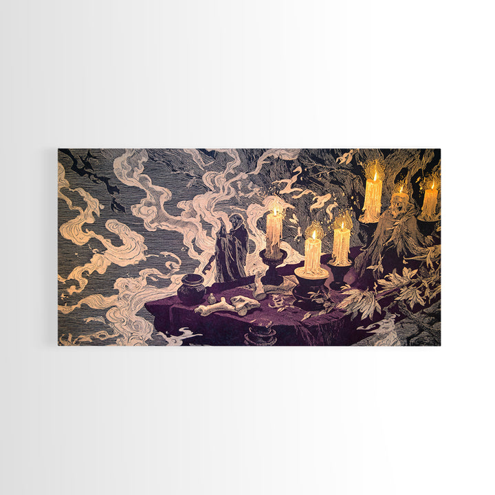 The Bone Key Still Life - Procession Scene, Spooky Wall Decor, Wide Panoramic Art, Framed Canvas Print, Halloween Home Decor