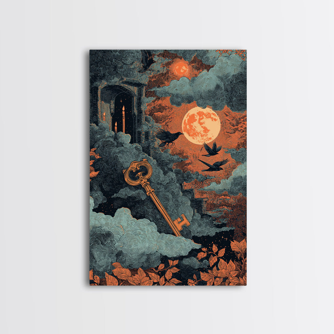 The Bone Key Still Life - Surreal Celestial Vision, Spooky Wall Decor, Vertical Wall Art, Framed Canvas Print, Halloween Home Decor