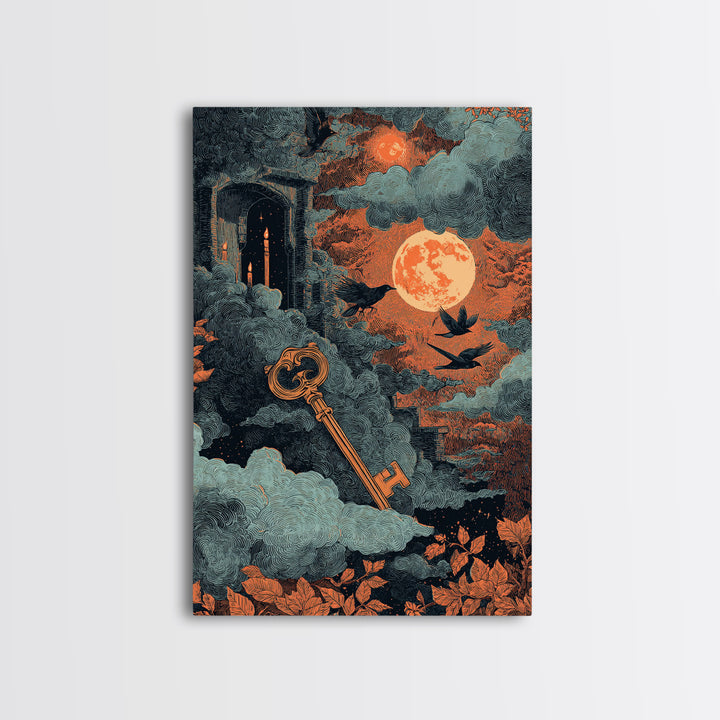 The Bone Key Still Life - Surreal Celestial Vision, Spooky Wall Decor, Vertical Wall Art, Framed Canvas Print, Halloween Home Decor