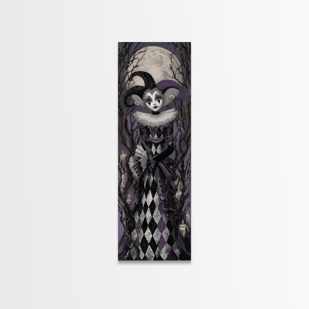 The Haunted Harlequin Doll - Icon Portrait, Halloween Wall Art, Tall Narrow Wall Art, Framed Canvas Print, Halloween Home Decor