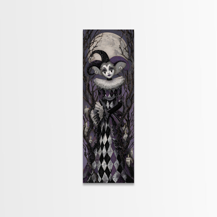 The Haunted Harlequin Doll - Icon Portrait, Halloween Wall Art, Tall Narrow Wall Art, Framed Canvas Print, Halloween Home Decor