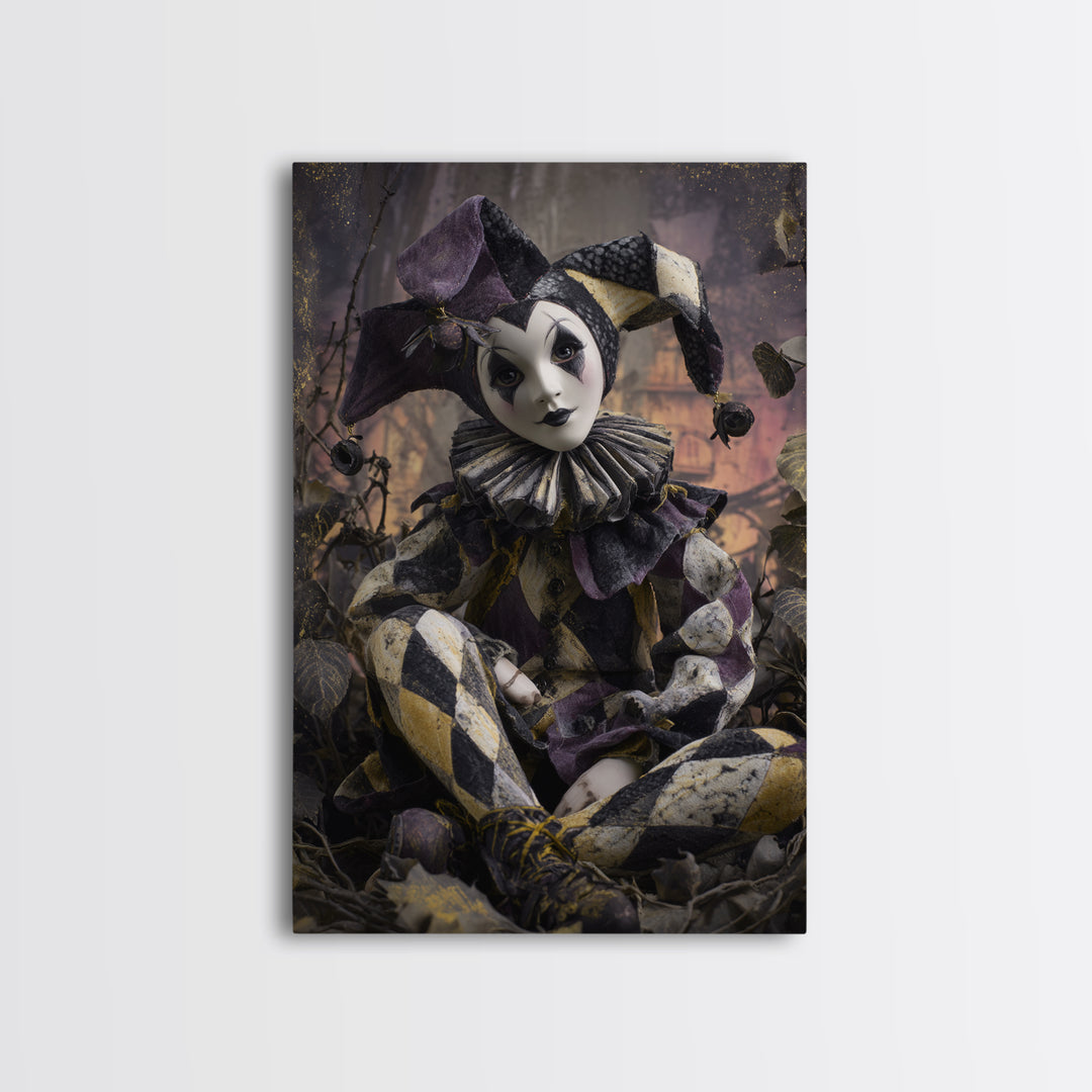 The Haunted Harlequin Doll - Environmental Panorama, Macabre Halloween Art, Vertical Wall Art, Framed Canvas Print, Halloween Home Decor