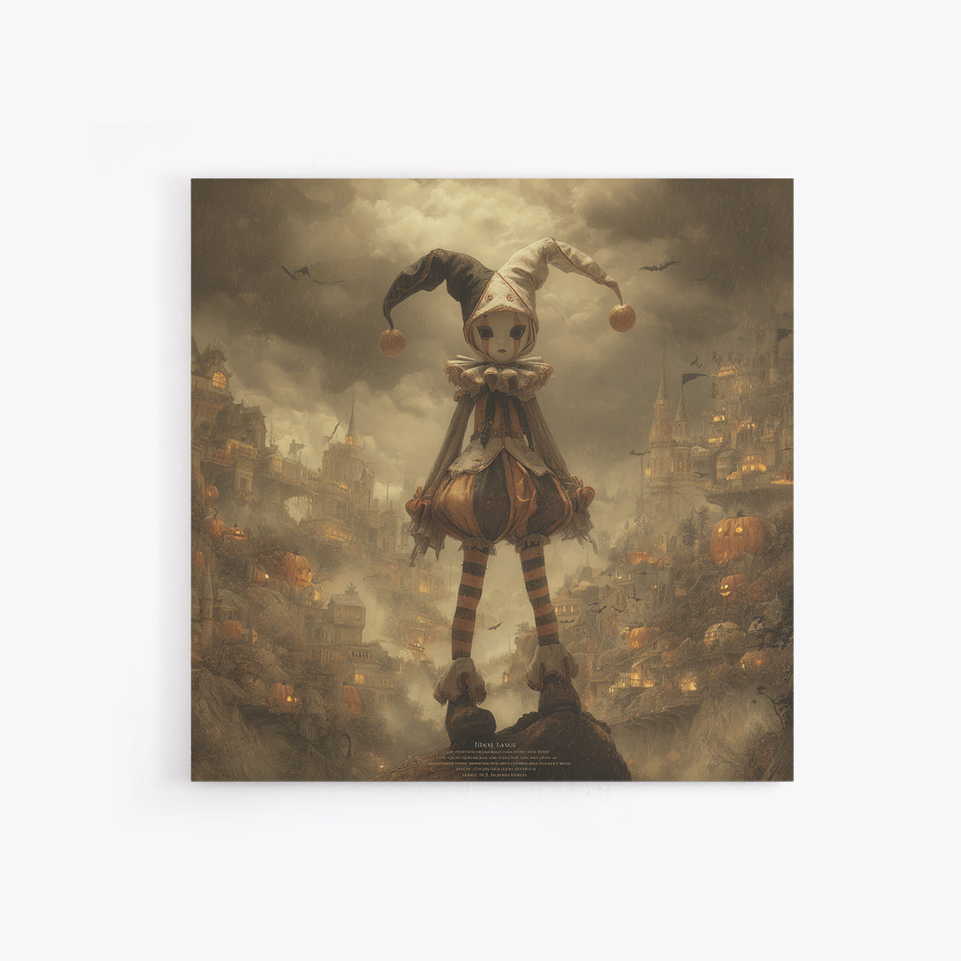 The Haunted Harlequin Doll - Environmental Panorama, Spooky Wall Decor, Square Wall Art, Framed Canvas Print, Halloween Home Decor