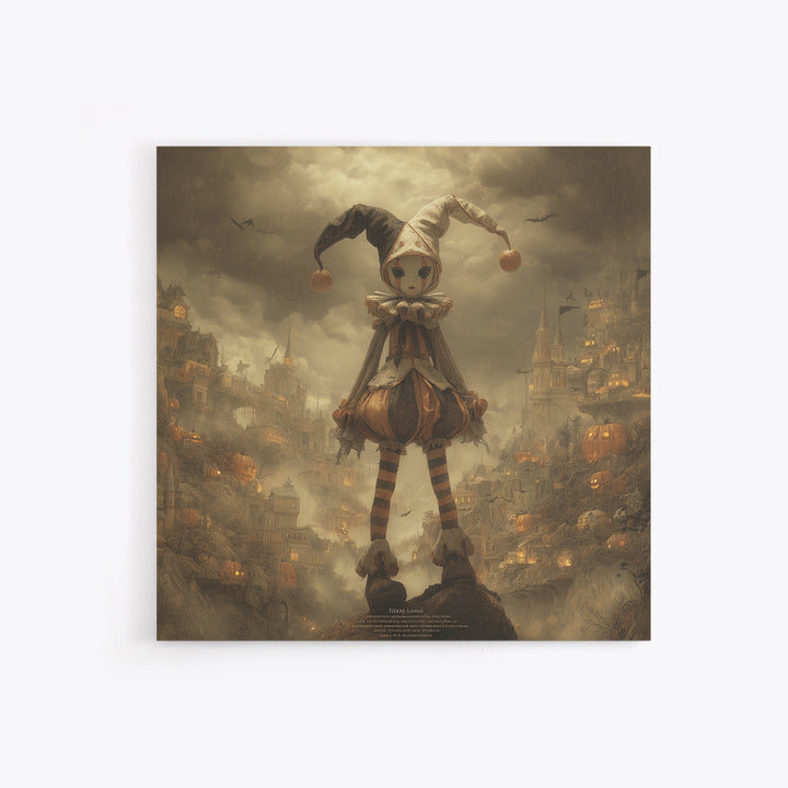 The Haunted Harlequin Doll - Environmental Panorama, Spooky Wall Decor, Square Wall Art, Framed Canvas Print, Halloween Home Decor