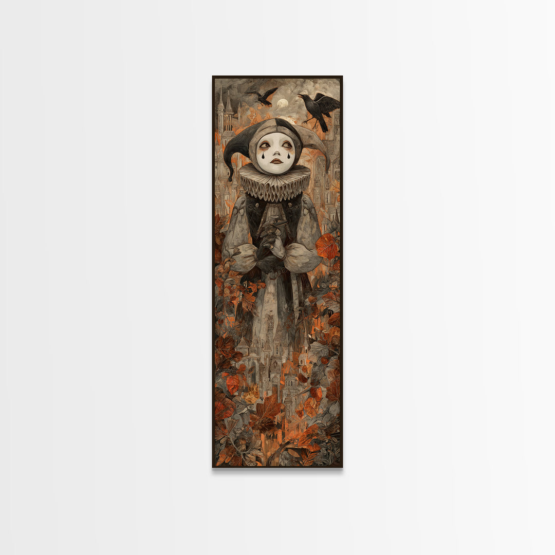 The Haunted Harlequin Doll - Environmental Panorama, Halloween Wall Art, Tall Narrow Wall Art, Framed Canvas Print, Halloween Home Decor