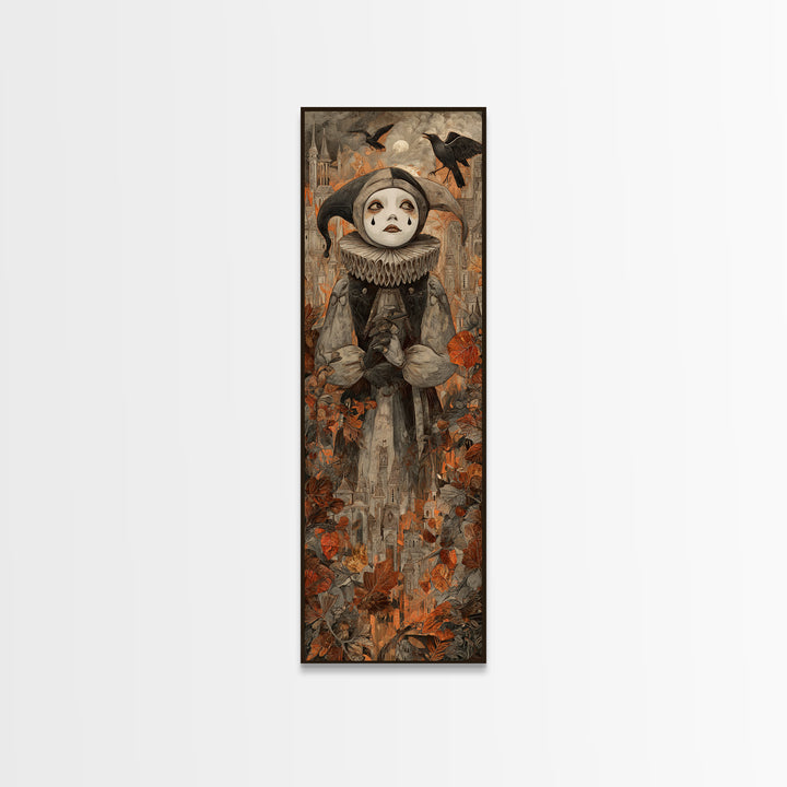 The Haunted Harlequin Doll - Environmental Panorama, Halloween Wall Art, Tall Narrow Wall Art, Framed Canvas Print, Halloween Home Decor