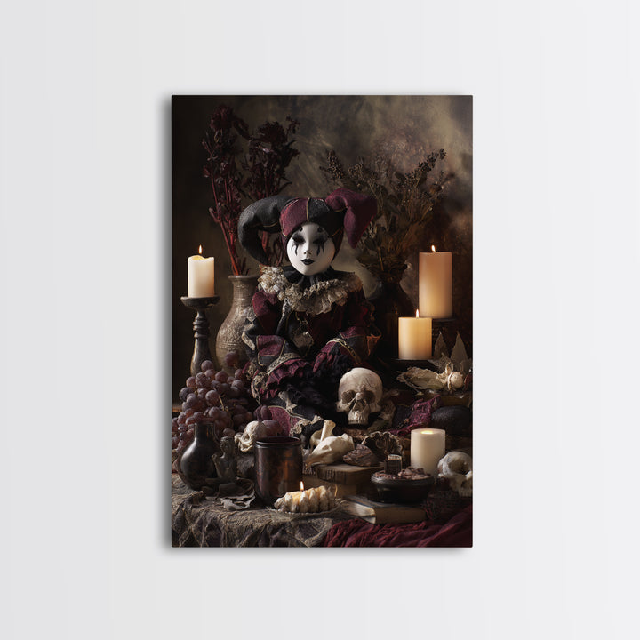 The Haunted Harlequin Doll - Occult Still Life, Halloween Wall Art, Vertical Wall Art, Framed Canvas Print, Halloween Home Decor