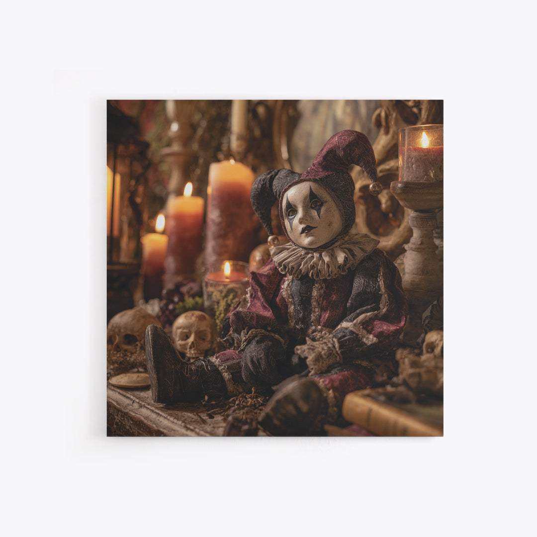 The Haunted Harlequin Doll - Occult Still Life, Spooky Wall Decor, Square Wall Art, Framed Canvas Print, Halloween Home Decor