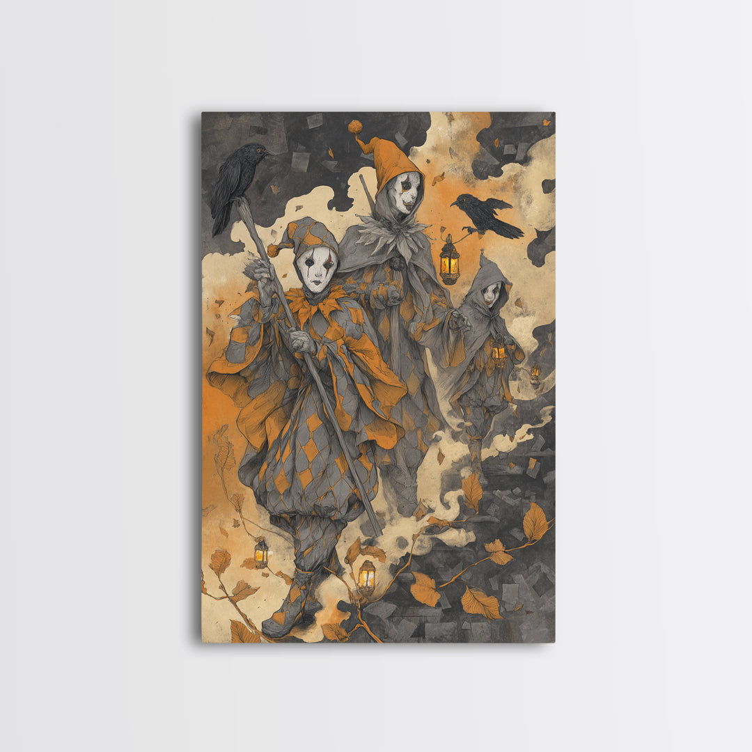 The Haunted Harlequin Doll - Procession Scene, Halloween Wall Art, Vertical Wall Art, Framed Canvas Print, Halloween Home Decor