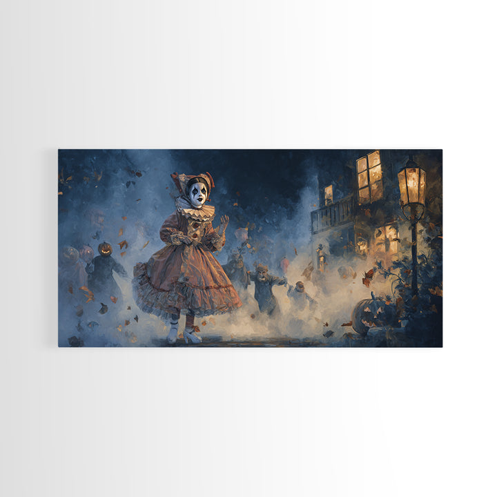 The Haunted Harlequin Doll - Procession Scene, Dark Fantasy Wall Art, Wide Panoramic Art, Canvas Print, Halloween Home Decor
