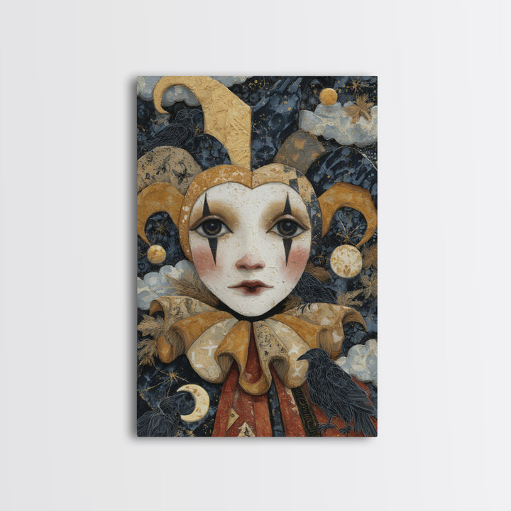 The Haunted Harlequin Doll - Surreal Celestial Vision, Dark Fantasy Wall Art, Vertical Wall Art, Canvas Print, Halloween Home Decor