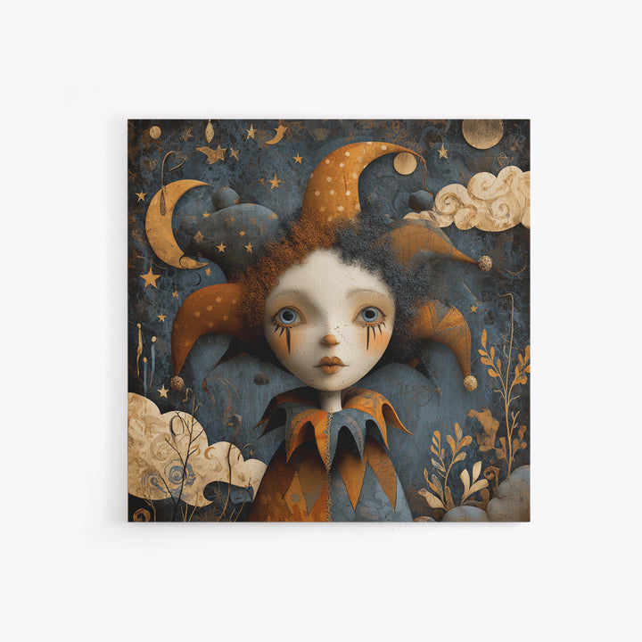 The Haunted Harlequin Doll - Surreal Celestial Vision, Halloween Wall Art, Square Wall Art, Framed Canvas Print, Halloween Home Decor