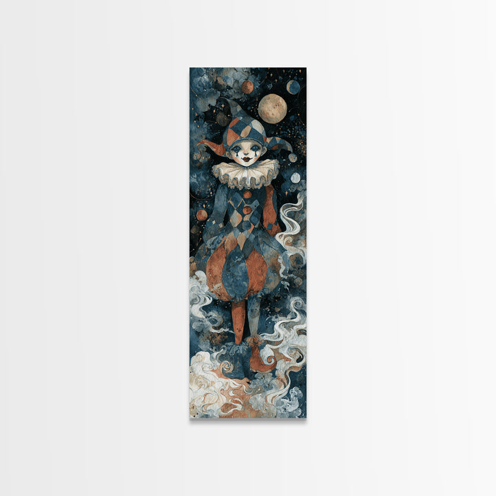 The Haunted Harlequin Doll - Surreal Celestial Vision, Dark Fantasy Wall Art, Tall Narrow Wall Art, Canvas Print, Halloween Home Decor