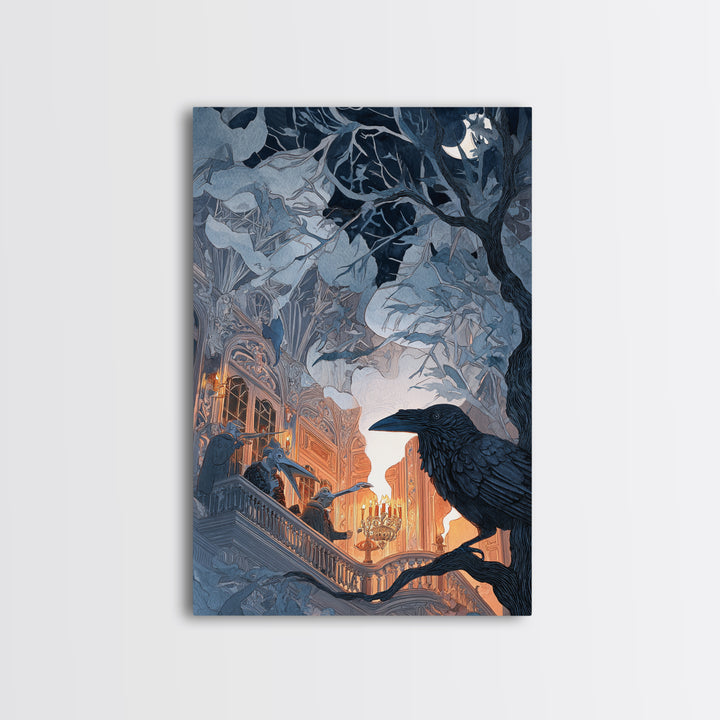 The Raven-Masked Ballroom - Icon Portrait, Macabre Halloween Art, Vertical Wall Art, Framed Canvas Print, Halloween Home Decor