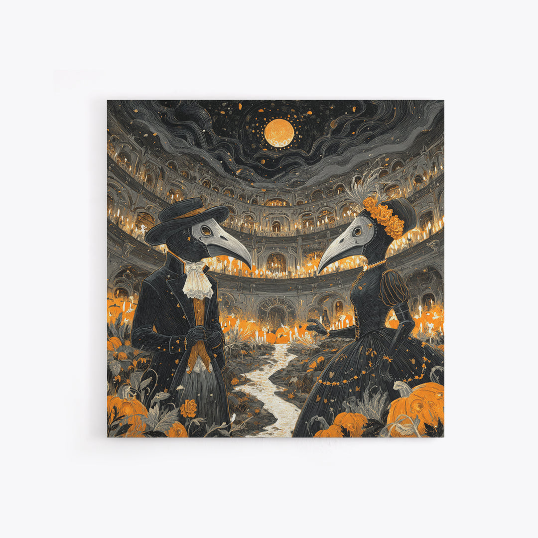 The Raven-Masked Ballroom - Environmental Panorama, Occult Wall Decor, Square Wall Art, Canvas Print, Halloween Home Decor, Gothic Wall Art